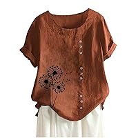 Plus Size Cotton Linen Tops for Women 2024 Summer Casual Crew Neck Short Sleeve Tshirts Loose Comfy Floral Print Tunic Blouse