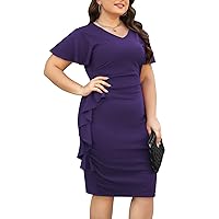 Celkuser Plus Size Casual Cocktail Party Pencil Midi Dresses for Women Retro Ruffle Sleeve V Neck Wear to Work Bodycon Dress