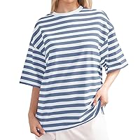 Women's Striped Printed Oversized T Shirts Short Sleeve Crewneck Summer Tops Casual Loose Basic Tee Shirts Trendy Clothes