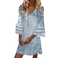 Floral Dress for Women V Neck T Shirt Mini Dress Bell 3/4 Sleeve Casual Cute Print Tunic Dress