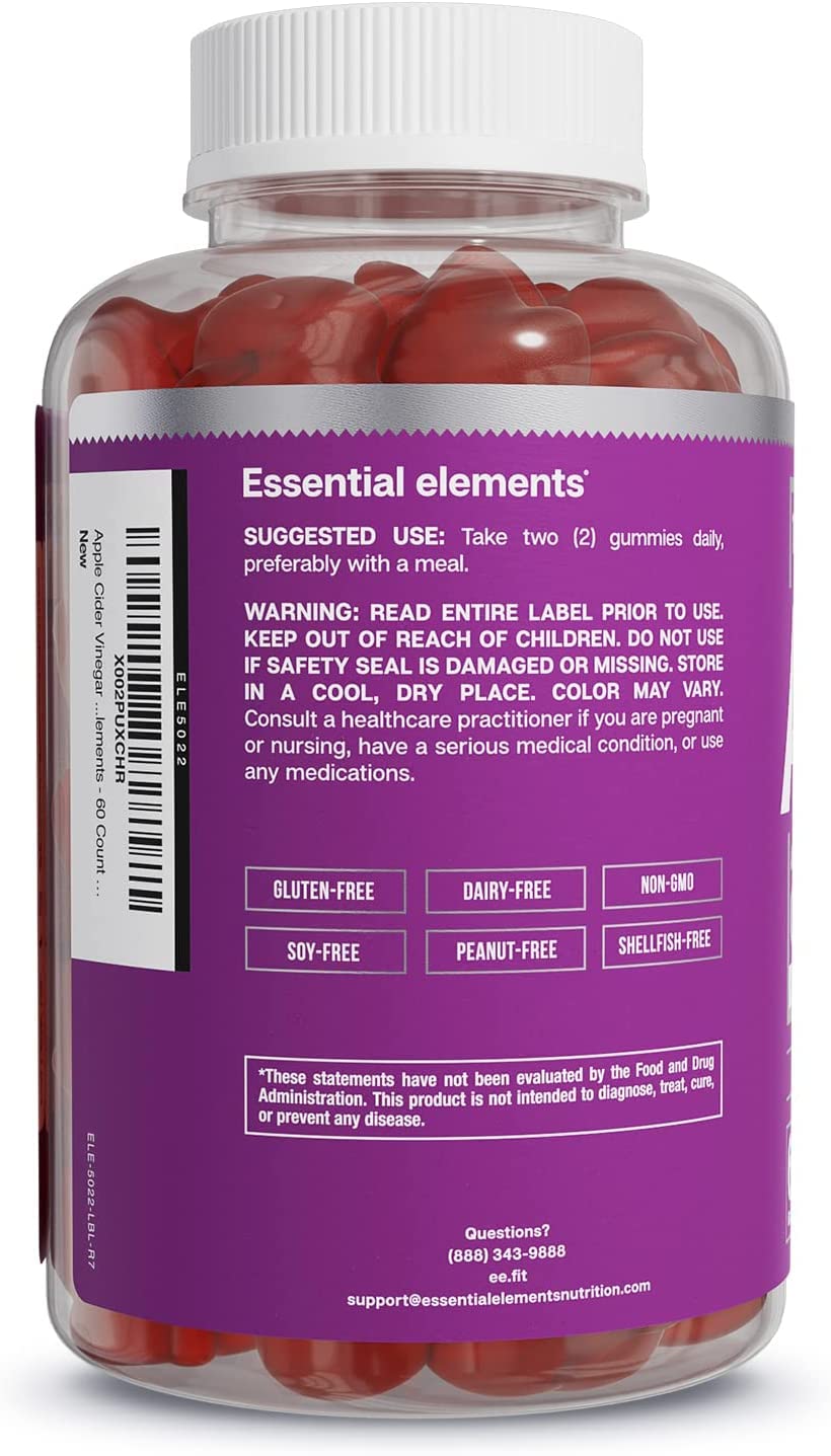 Essential Elements Apple Cider Vinegar Gummies from The Mother - Naturally-Sourced, Vegan ACV with Folic Acid and Vitamin B6 & B12 60 Count