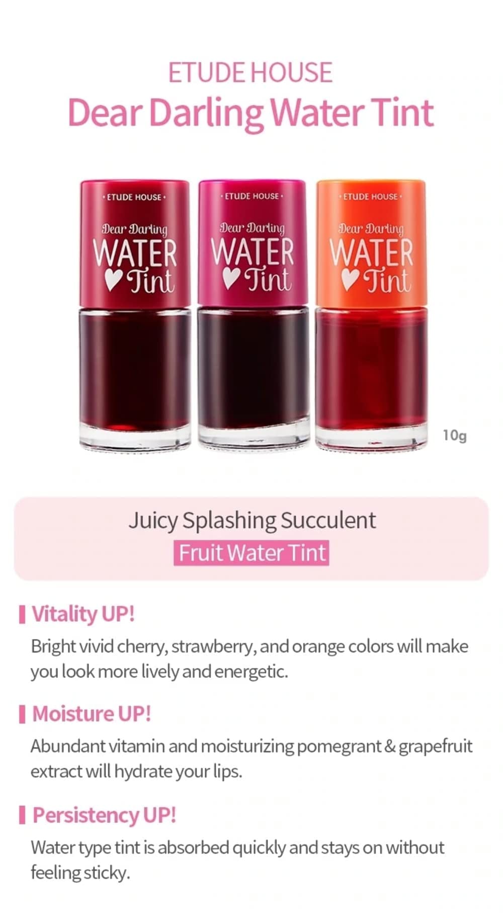 ETUDE HOUSE Dear Darling Water Tint Cherry Ade | Bright Vivid Color Lip Tint with Moisturizing Pomegranate & Grapefruit Extract to Hydrate your Lips