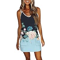 Summer Dresses for Women 2024,Sales Today Clearance Satin White Holiday Floral Casual Suspenders Short Mini Sundresses Sling Sleeveless Drawstring V-Neck Beach Dress(E-Light Blue,XXXL)