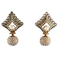 Beautiful Dangler Drop Earrings 18K Gold Plated Studded with Stones Pearl Indian Traditional Bali Kundal Jewellery Gift for Women Girls Ladies