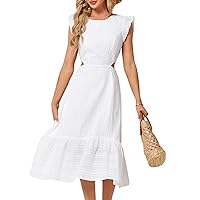 JASAMBAC Women's Summer Casual Tiered Dress Flutter Short Sleeve Dresses Elegant Flowy A Line Cut Out Boho Wedding Midi Dress