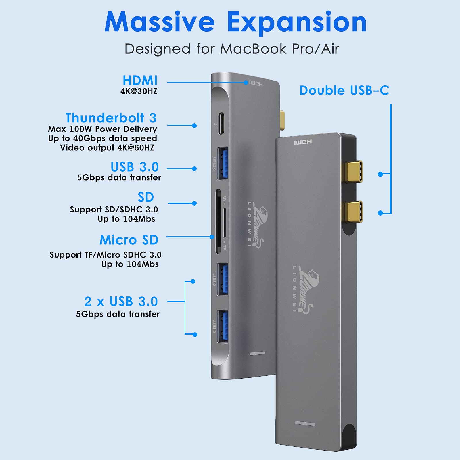 USB C Hub Adapter for MacBook Pro 2020 2019 2018 2017 2016 with 4K HDMI,100W PD 40Gbps Thunderbolt 3, SD/TF Card Reader, 3 USB 3.0, Multiport Dongle for MacBook Air 2020 2019 2018