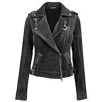 Black Genuine Suede Biker Leather Jacket for Women – Stylish Lapel Collar, Asymmetric Zip-Up