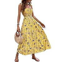 Women's Summer Chic Floral Print Knot Shoulder Shirred A Line Dress, Casual Elegant Sleeveless Square Neck Midi Dress