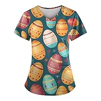 Easter Tshirt Ladies Tops Short Sleeve Shirt Printed Summer Blouse V-Neck with Pockets 2024 Tunic Workwear Loose Tee