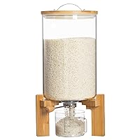 HBlife Glass Rice Dispenser with Wooden Stand Flour and Cereal Container with Glass Measuring Cup Pantry Food Organization Storage Bin with Airtight Bamboo Lid, 8L