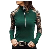 RMXEi Women's Fashion Sexy Lace Zipper Long Sleeve Solid Color Pullover Tops