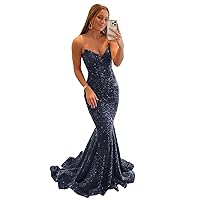 Basgute Sequin Mermaid Prom Dresses for Women Sparkly Long Sexy Strapless V Neck Bodycon Formal Evening Party Gowns