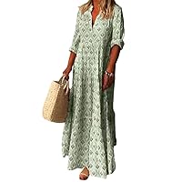 Fronage Plus Size Vintage Pleated Dress for Women Casual Boho Long Sleeve Tiered Beach Maxi Dresses