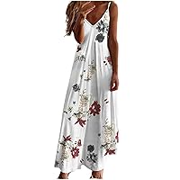 Womens Summer Dress Casual Sleeveless V Neck Long Cami Maxi Dresses Trendy Floral Print Beach Party Dress