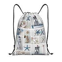 Bottle Seashell Starfish Lighthouse Print Drawstring Backpacks,Drawstring Bags,String Bags Gym Shopping Yoga Sport Beach For Men Women