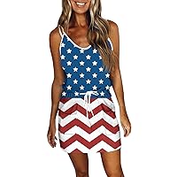 Women's 4Th of July Outfits Fashion Summer Printed Loose Sleeveless Pocket V-Neck Dress Dresses, S-3XL