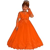 Lace Tulle Flower Girl Dress for Wedding Long Sleeve Princess Dresses Orange Pageant Party Gown with Bow Size 5