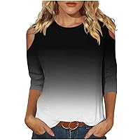 Womens 3/4 Sleeves Tshirts Gradient Graphic Off Shoulder Tees Casual Summer Shirt Crew Neck Basic Tunic Tops
