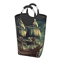 Laundry Basket Freestanding Laundry Hamper Nautical Vintage Sailing Pirate Ship Collapsible Clothes Baskets Waterproof Tall Dirty Clothes Hamper for Dorm Bathroom Laundry Room Storage Washing Bin