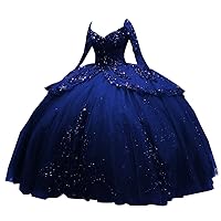 Mollybridal Sparkly Sequined Lace Applique V Neck Ball Gown Prom Quinceanera Dresses Mexican Long Illusion Sleeves 2024