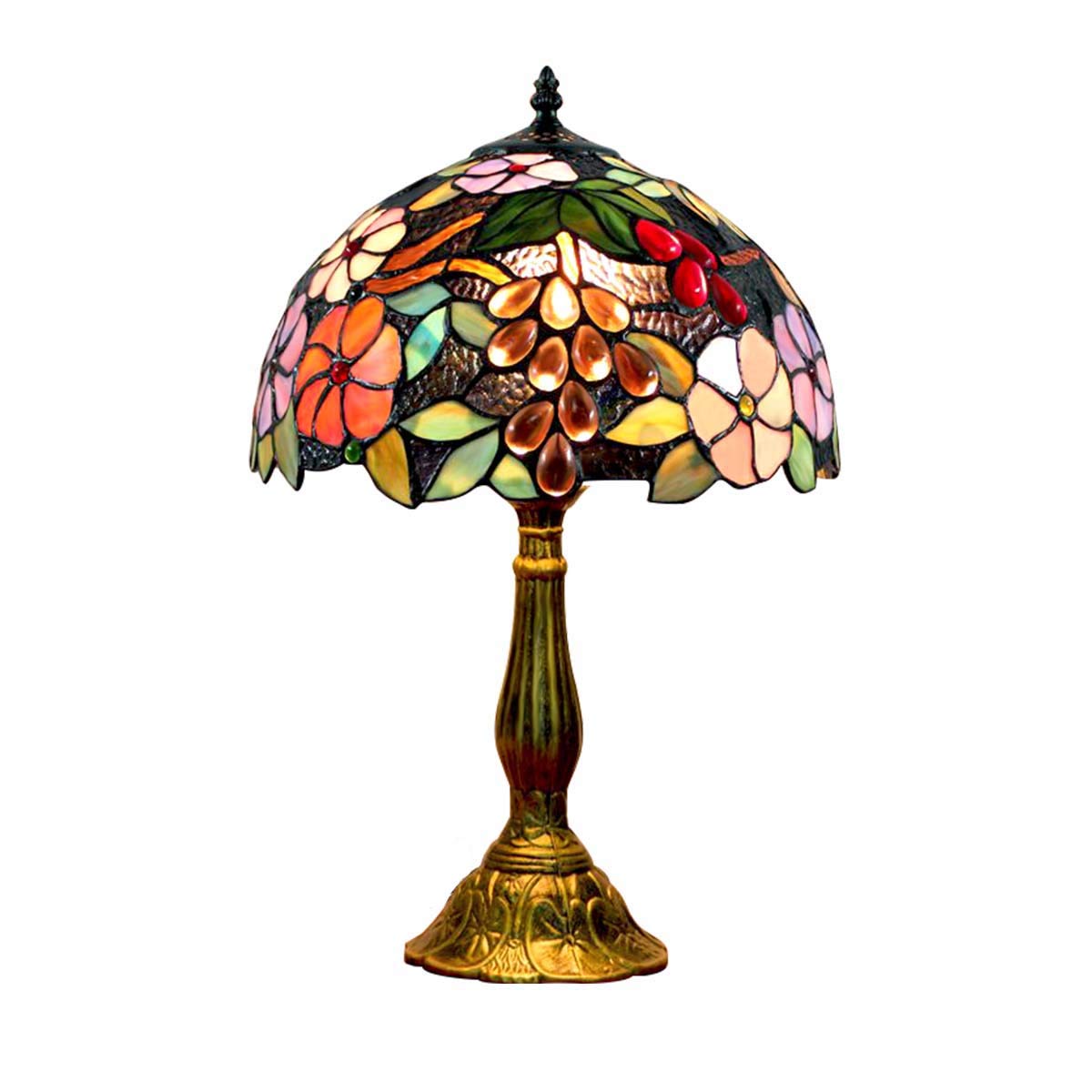 FUMAT Bedside Table Lamp LED E26 Bulb Tiffany Stained Glass Grape Rose Handmade Shade ON Off Switch 18 Inch Tall 12" W Bedroom Home Deco Light