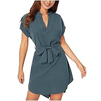 Women's Summer Solid Short Sleeve V Neck T Shirt Dress Casual Tie Waist Office Dresses Wrap Party Club Mini Dress