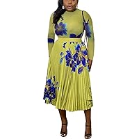 Bluewolfsea Women Elegant 2 Piece Dress Outfits Vintage Floral Print Long Sleeve Top Pleated Midi Skirt Set