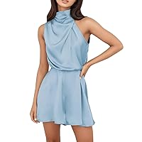 Women Satin Dress Sleeveless Mock Neck Short Formal Cocktail Party Dresses