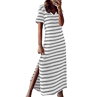 XJYIOEWT Long Flowy Dresses for Women Photoshoot Sexy,Womens V Neck Straight Loose Striped Print Dress Casual Comfy Dres