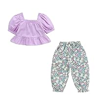 girls' floral suits,summer new Korean style square neck puff sleeve T-shirt and cropped trousers two-piece suits.