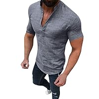 Shirts for Men,Plus Size T-Shirts Short-Sleeved Casual Shirt Collarless Standing Collar Summer Top Tee Blouse 2024