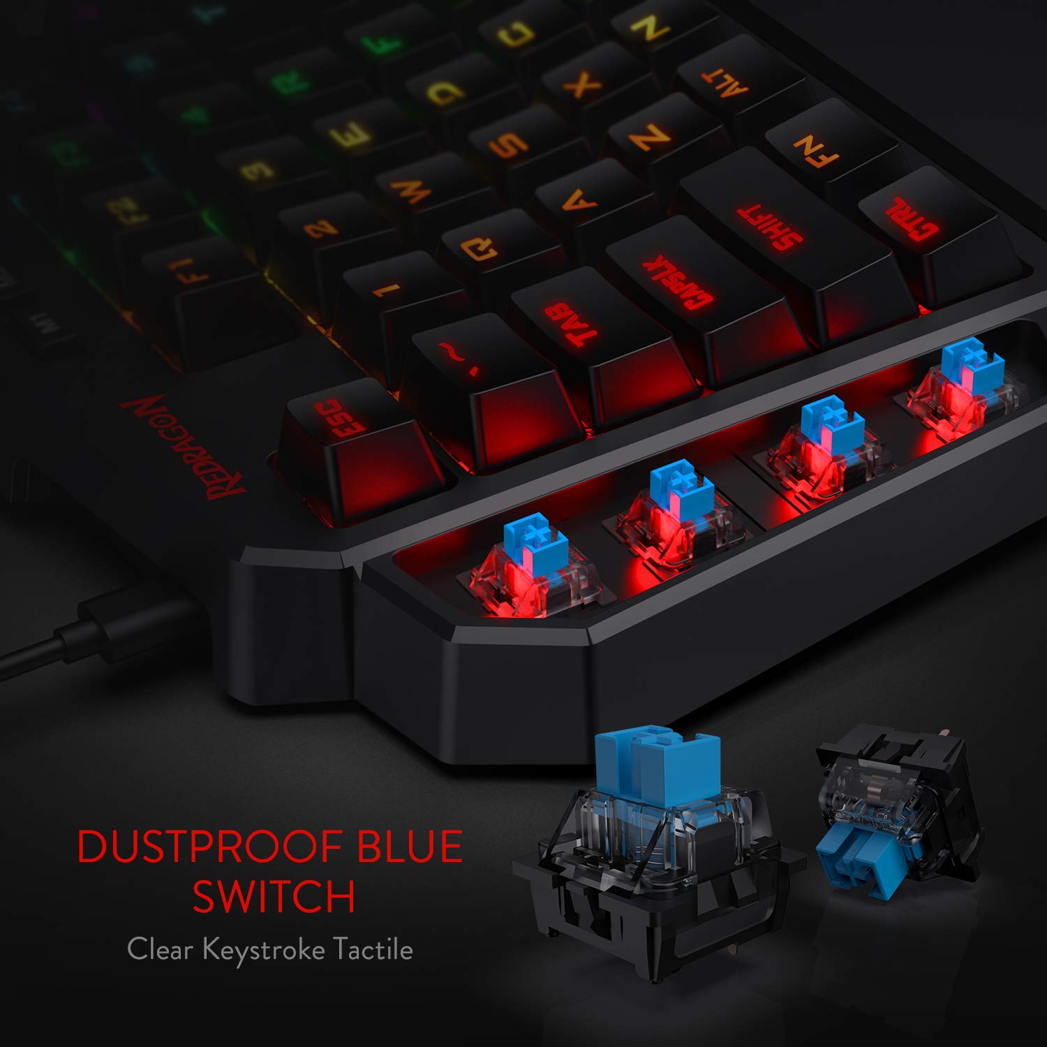 Redragon K585 DITI One-Handed RGB Mechanical Gaming Keyboard, Type-C Professional Gaming Keypad with 7 Onboard Macro Keys, Detachable Wrist Rest, 42 Keys (Black, Blue Switch)