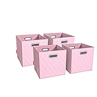 Large 13-inch Pink Foldable Diamond Patterned Faux Leather Storage Cube Bins Set of Four with Handles with Dual Handles for living room, bedroom and office storage