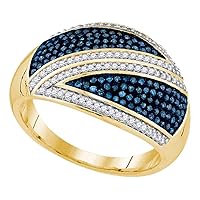 TheDiamondDeal 10kt Yellow Gold Womens Round Blue Color Enhanced Diamond Crossover Stripe Band 1/2 Cttw