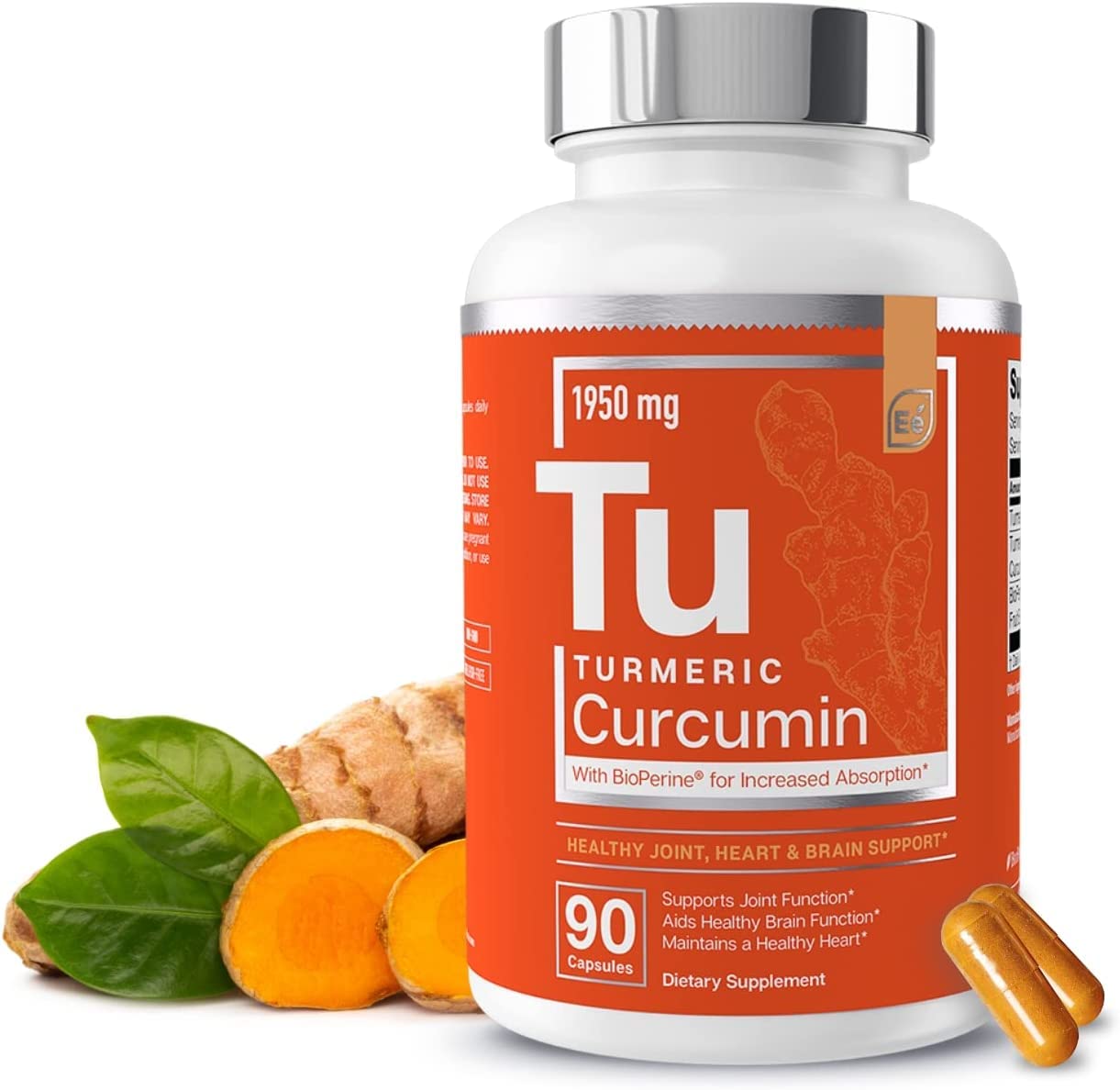 Essential Elements Turmeric Curcumin - Joint, Heart & Brain Support - with Bioperine for Increased Absorption 1950 mg - 90 Capsules