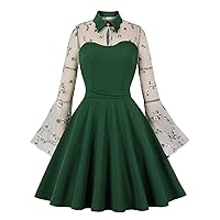 Women Keyhole Flower Embroidery Mesh Gothic Dress Vintage Bell Long Sleeves 50s 60s Cocktail Party Dress