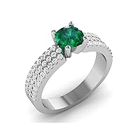 GEMHUB Lab Created Grade AA Green Emerald 14k White Gold 1.32 CT Round Shape Solitaire with Accents Classic Wedding Ring Sizable