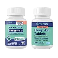 WELMATE Nighttime Wellness Bundle: Maximum Strength Guaifenesin 1200mg Mucus Relief (100 Ct) & Doxylamine Succinate 25mg Sleep Aid (200 Ct) | Extended Relief for Restful Sleep