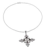 NOVICA Handmade Garnet Cultured Freshwater Pearl Pendant Necklace from India .925 Sterling Silver Tone White Gemstone Cross Birthstone 'Royal Cross'
