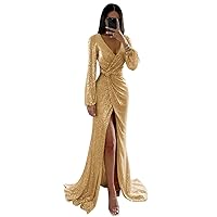 UZN Long Sleeve Sequin Prom Dresses Long Split for Women Sparkly V Neck Formal Evening Party Gowns