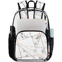Marble Golden Geometric Lines Clear Backpack Heavy Duty Transparent Bookbag for Women Men See Through PVC Backpack for Security, Work, Sports, Stadium