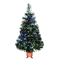 32 inch Pre-lit Mini Fiber Optic Tabletop Artificial Christmas Tree with LED Starry Effect Lights on Gold Snowflake Base Pot (Green)