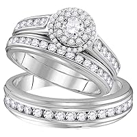 The Diamond Deal 10kt White Gold His & Hers Round Diamond Solitaire Matching Bridal Wedding Ring Band Set 1-5/8 Cttw