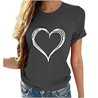 Womens Valentine Shirts Love Heart Print Tops Cute Graphic Tee Teen Girls Short Sleeve Round Neck Loose Fit Blouse