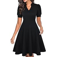 Mokayee Womens Summer Short Puff Sleeve Casual Semi-Formal Fit and Flare Church Wedding Guest Work Dresses with Pockets