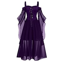 Renaissance Gothic Dress for Women Halloween Costume Off Shoulder Lace Trumpet Sleeve Dresses Medieval Steampunk Dress