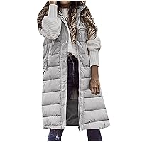 TUNUSKAT For Mom, Long Puffer Vest Women Plus Size Winter Coats Sleeveless Hoodie Jacket Full Zipper Down Coat Warm Puffer Outwear