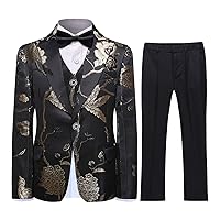 SWOTGdoby Boys Suits 3 Piece Gold Paisley Floral Suit Set Slim Fit Tuxedo Embroidery Suit Blazer Vest Pants