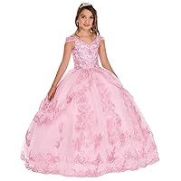 Girl's Lace Applique Party Prom Dress Floor Length Tulle Ball Gowns for Kids