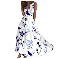 Cute Dresses For Women, Beach Dresses Cocktail Dresses For Women Wedding Guest Maxi Dress Ladies 2024 Sleeveless Summer V Neck Womens Trendy Retraction Printed Casual Boho Fashion (Dark Blue,3X-Large)